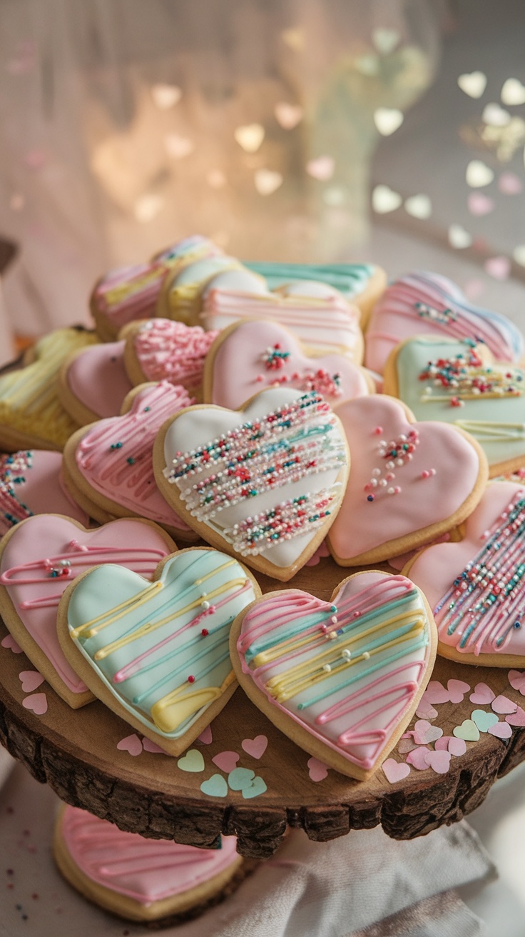 Heart-shaped sugar cookies with pastel icing and sprinkles on a wooden platter.